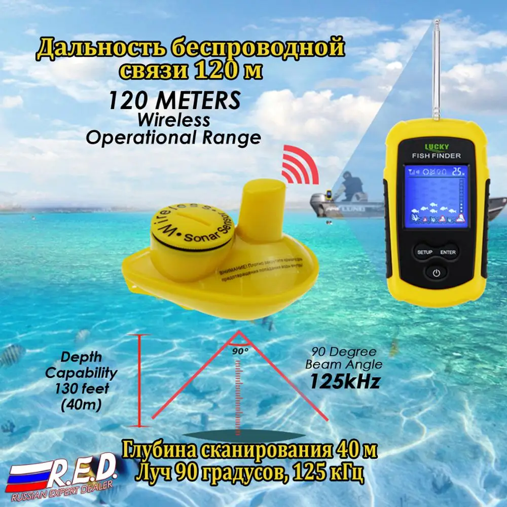 Russian Version wireless fishfinder lucky FFCW1108-1 LCD color Display 40m Depth Range fishfinder fish finder lucky fish finder