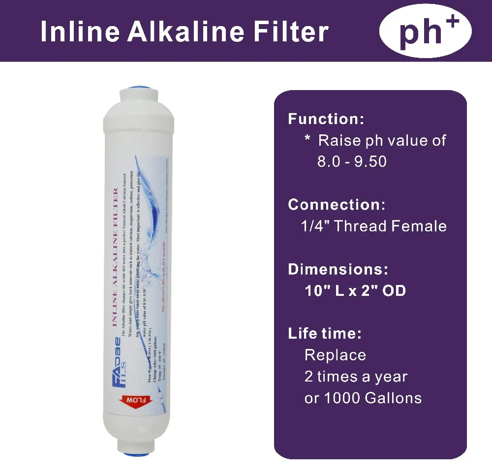 2 pacotes de filtro de água alcalina 2 "de dia. Poste de substituição para água ro longo de 10 polegadas, filtro em linha, valor de ph de 8.00 - 9.50