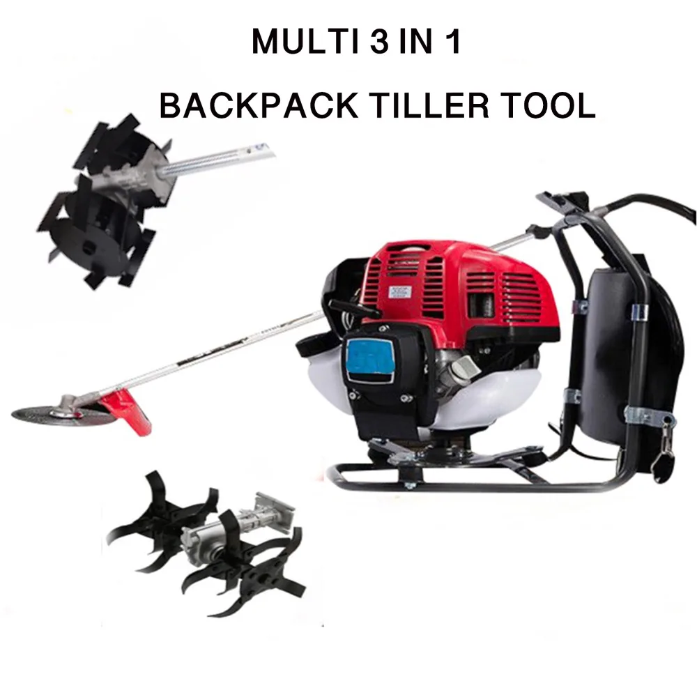 Multi Lawn mower Backpack 52cc 3 in 1 gasoline mini tiller cultivator digging tool hedge trimmer garden farm tool