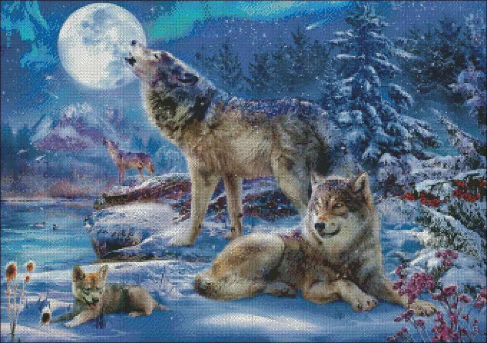 Wolves under the Full Moon - Counted Cross Stitch Kits - DIY Handmade Needlework Embroidery 14 ct Cross Stitch Sets DMC