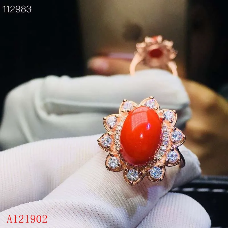 KJJEAXCMY Boutique Jewelryar 925 Silver-inlaid Natural Ruby Red Coral Ring Support Detection