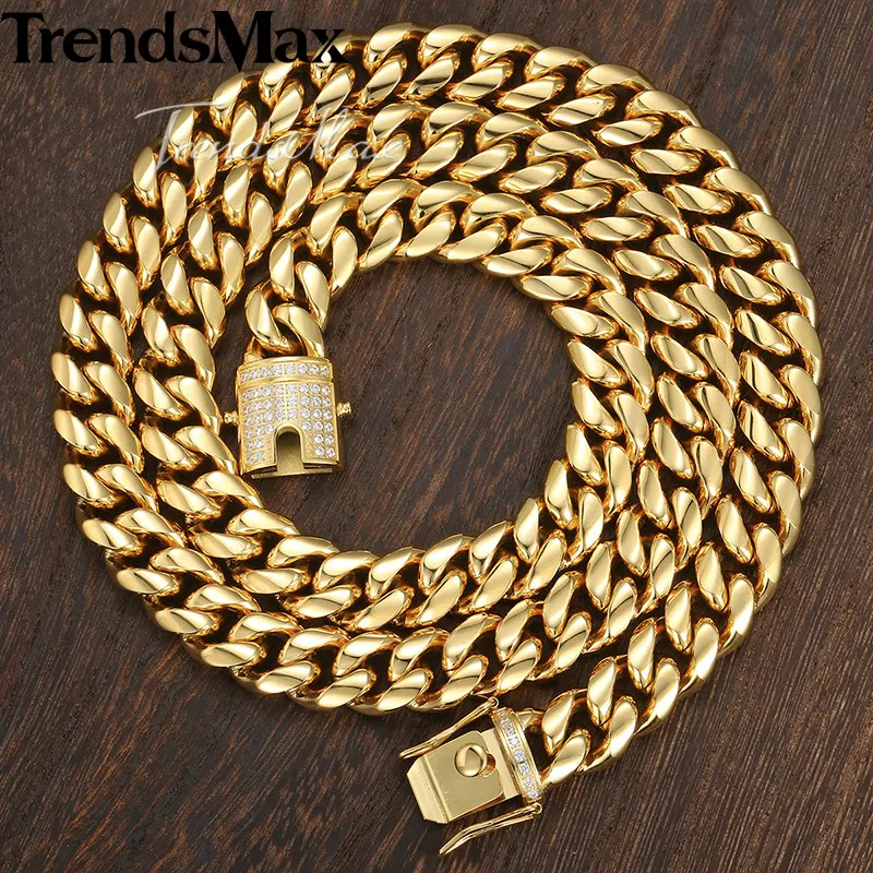 Trendsmax Miami Curb Mens Necklace Chain 316L Stainless Steel Cubic Zirconia CZ Gold Color Silver Color 12/14mm 30inch KHNM21