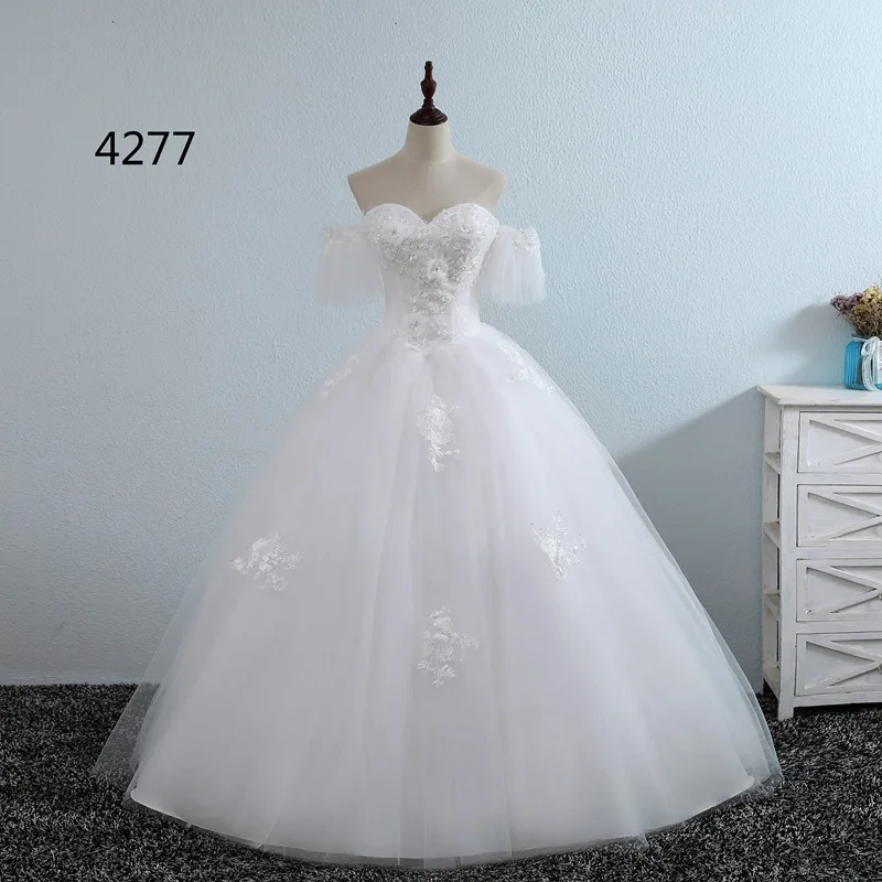 

Slim-Line Strapless Floor Length A-Line Hot Sale Sweetheart Short Sleeves Noiva Casamento Applique Lace Up Back Bridal Dress