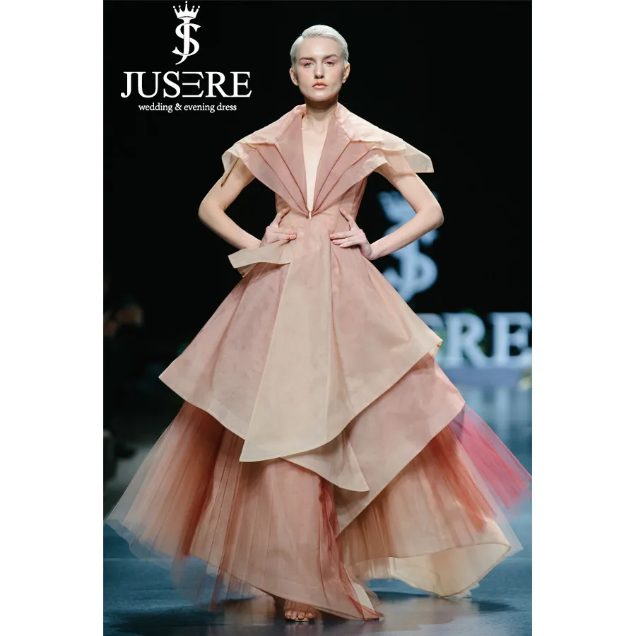 JUSERE  FASHION SHOW Deep V-Neck Short Sleeve Long Champagne Evening Dress Pleat Formal Gowns Robe De Soiree