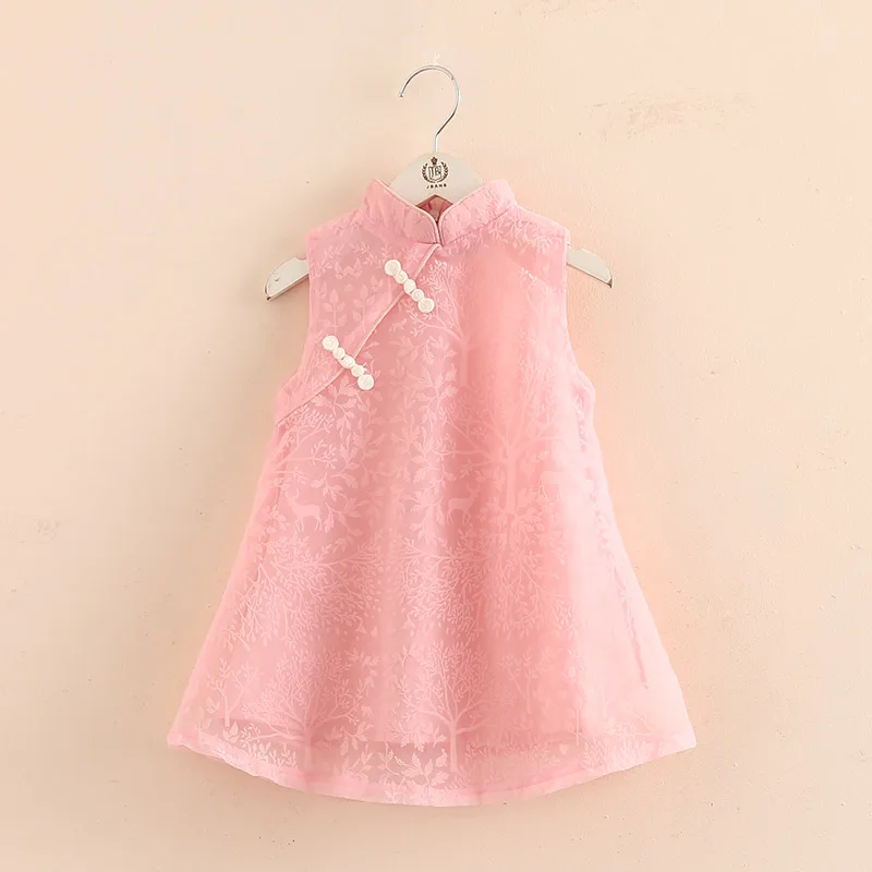 2024 Hot Summer 2 3 4-12 Years Chinese Ethnic Vintage Style Mandarin Collar Vintage Sundress Kids Baby Dress Girl Lace Cheongsam