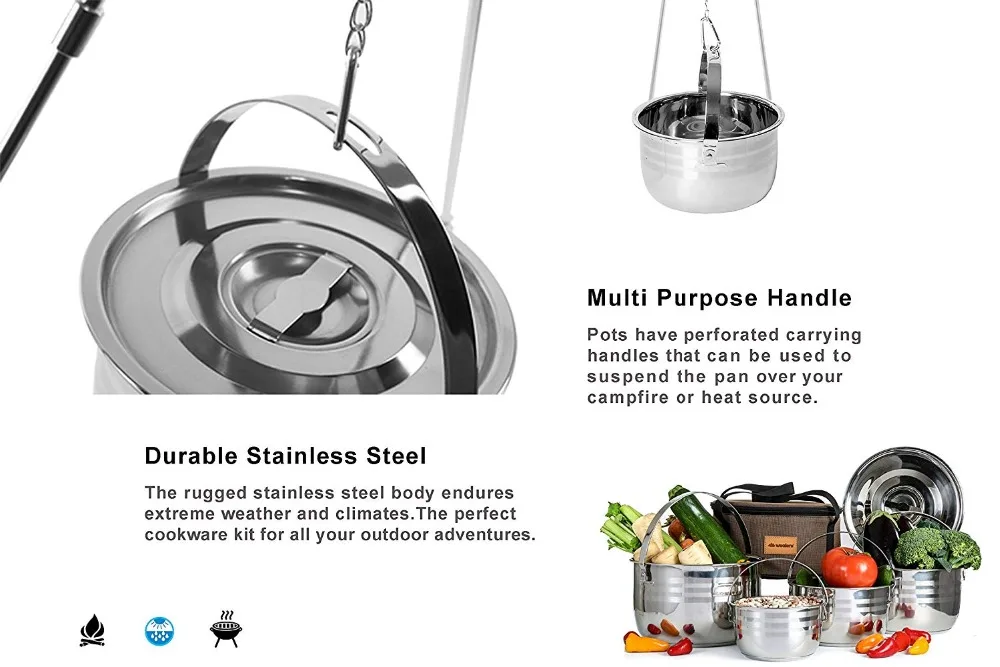 Camping Cookware Set Compact Stainless Steel Campfire Cooking Pots and Pans Rugged Outdoor 4Pc Cook Set for Hiking  Barbecue