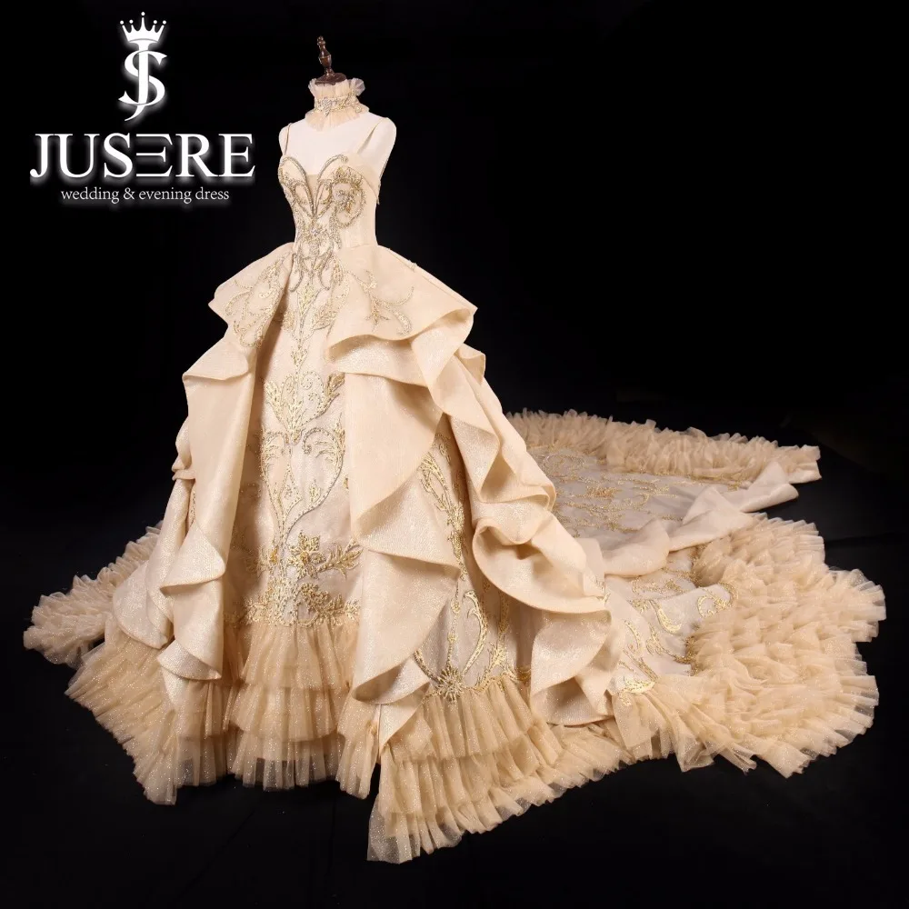 Jusere Emas Mewah Pernikahan Gaun Strapless Backless Katedral/Royal Kereta Pengantin Gaun Pesta Putri Gaun Vestido De Noiva