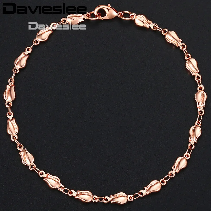 Davieslee Trendy Gift Bracelet For Women 585 Rose Gold Color Tulip Bud Bead Link Women\'s Bracelet Jewelry 4mm 18cm 20cm GB394A