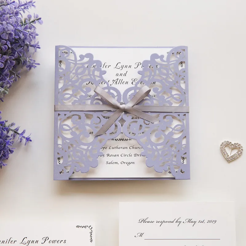 

romantic lavender laser cut wedding invitations with grey ribbon bows