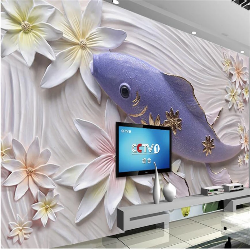 wellyu 3D Flower Embossed Wall Goldfish Embossed Sandstone Mural Custom Large Mural Home Decor Wallpaper papel de parede