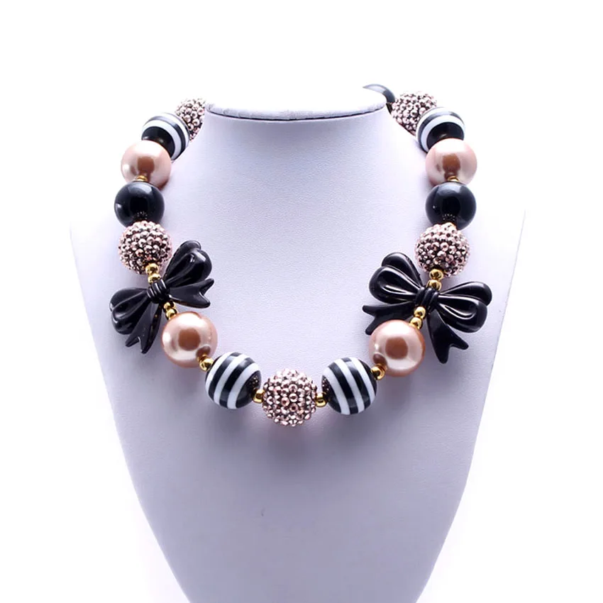 MHS.SUN Girls Kids Bowknot Girls Chunky Necklace Black&Brown Acrylic Bead Bubblegum Necklace Cuet Baby Kid Jewelry Choker TBN076