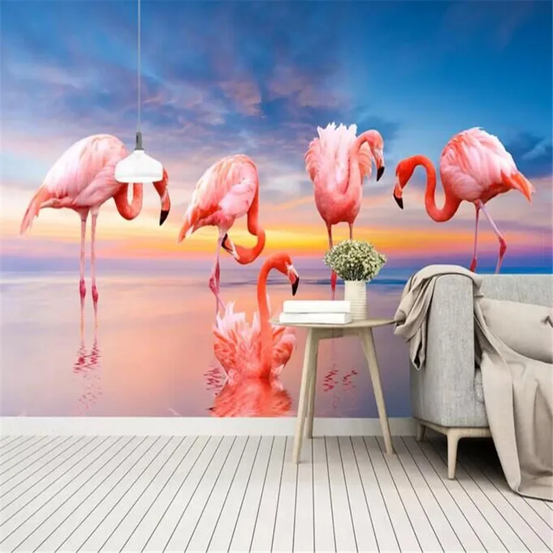 

Small fresh sunset lake flamingo pastoral mood wall manufacturers wholesale wallpaper mural custom photo wall