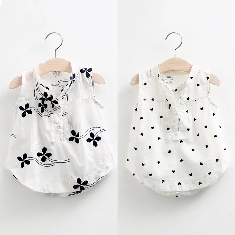 2024 Summer 2 3 4 5 6 8 10 Years Children White Flower Full Print Cotton Mandarin Collar Sleeveless Baby Kids Girl Blouse Shirt