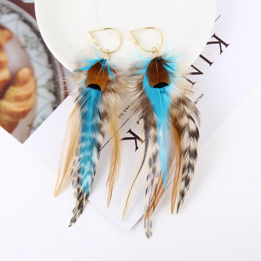 Lureme Indiana Style Jewelry Multicolor Handmade Natural Feather Dangle Earrings for Women (er005514)