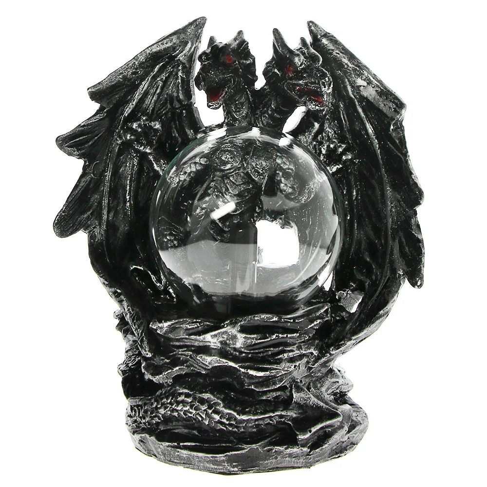 Saurian Gazing Two-headed Dragon Power Tesla Figurine Ornament Gothic Sculpted Resin Dragon Statue With Glowing Plasma Ball