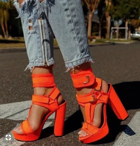 New Arrivals Red Black Stretch Fabric Women Sandals High Platform Metal Buckle Strap Ladies Shoes With Heels Gladiator Sandals