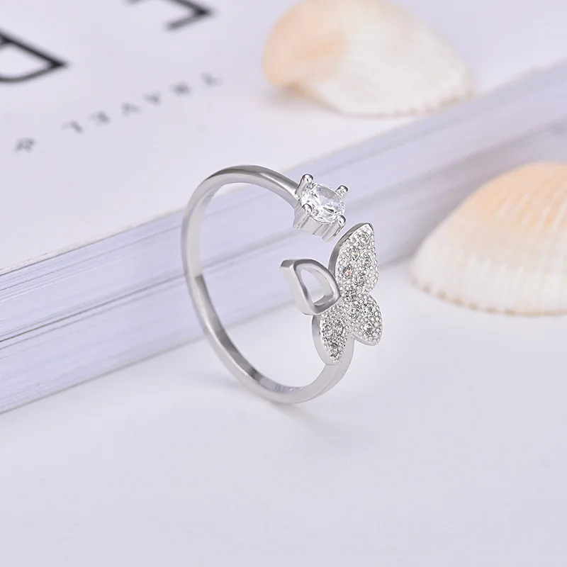 Buyee 925 Sterling Silver Sweet Ring Finger Cute Butterfly White Zircon Open Ring for Women Fashion Trend Fine Jewelry Circle