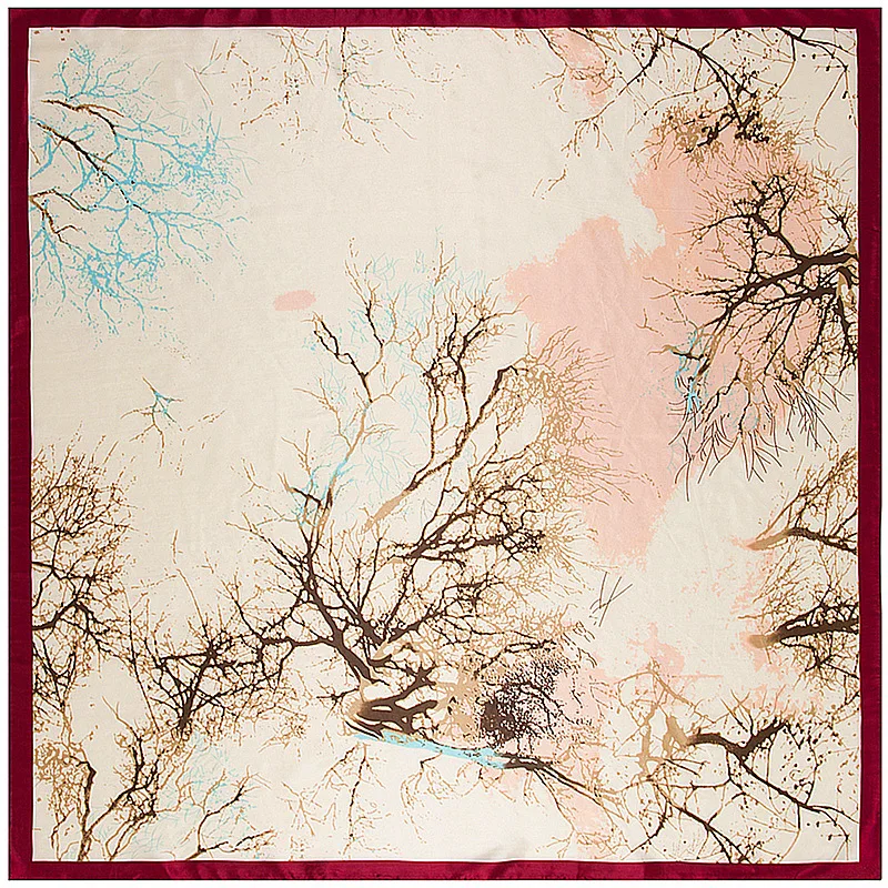 Hand-painted Branches Oil Painting Square Scarf Silk Scarf For Women Hijab Shawl Luxury Brand Foulard Scarves Wraps For Ladies