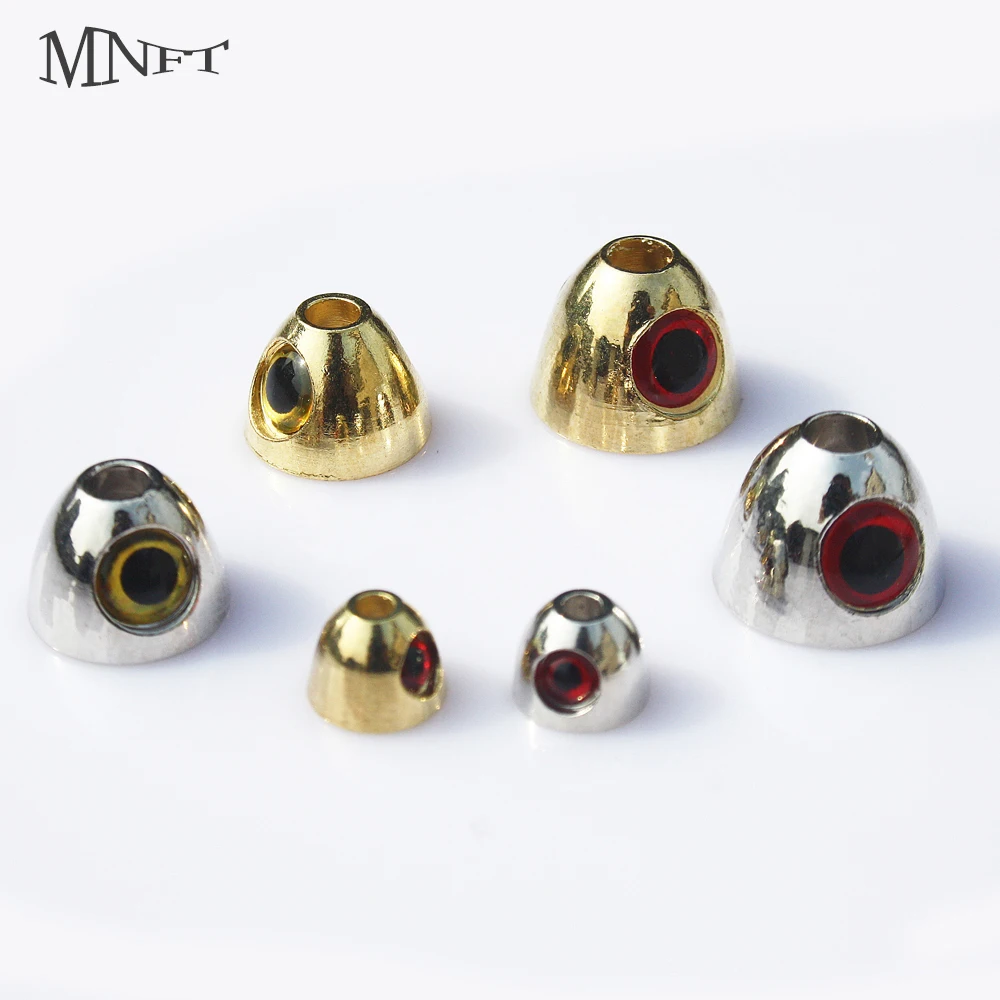 MNFT 5PCS Gold Silver Cross-eyed Cones With 3D Eyes Fly Tying Coneheads Materials Fish Skull Weighted Heads