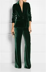 Tesco-Pantsuit de veludo personalizado para mulheres, jaqueta moda verde, terno manga longa, gola personalizada, ternos femininos