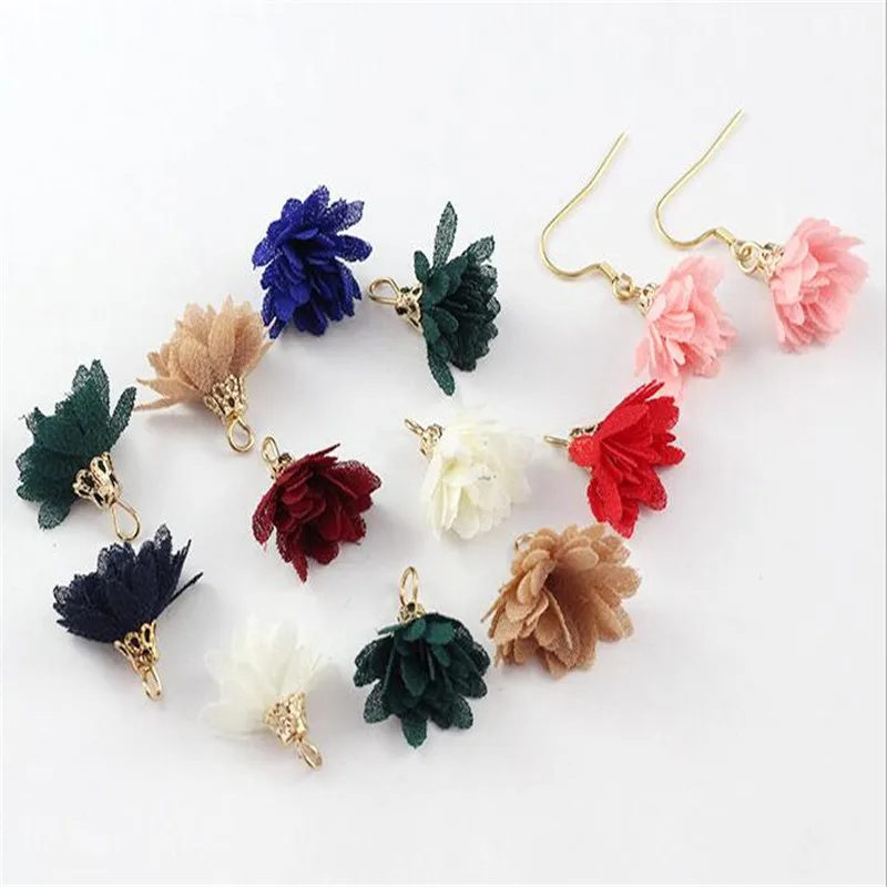 20pcs/lot 15mm mini silk flower tassel for earrings jewelry making diy charm fabric tassel gold cap jewelry findings accessories