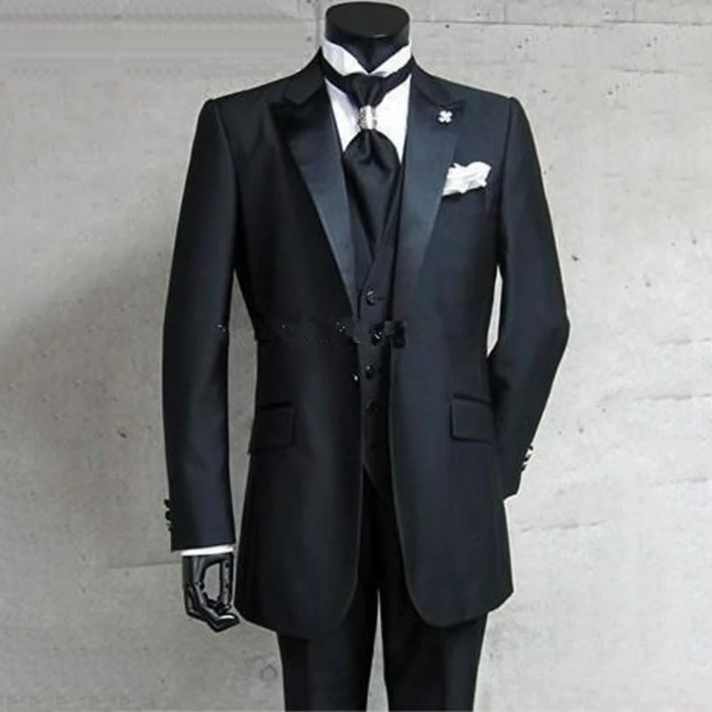 Custom Made to Measure Tailored men's BESPOKE suit,One Button Black Groom Tuxedos Peak Lapel (Jacket+Pants+Vest)