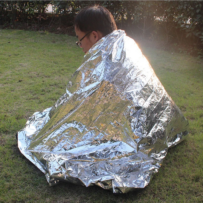 Manta de rescate de supervivencia y emergencia para acampada, lámina térmica de ayuda espacial, cortina de rescate de plata para exteriores, manta militar impermeable, 2 uds.