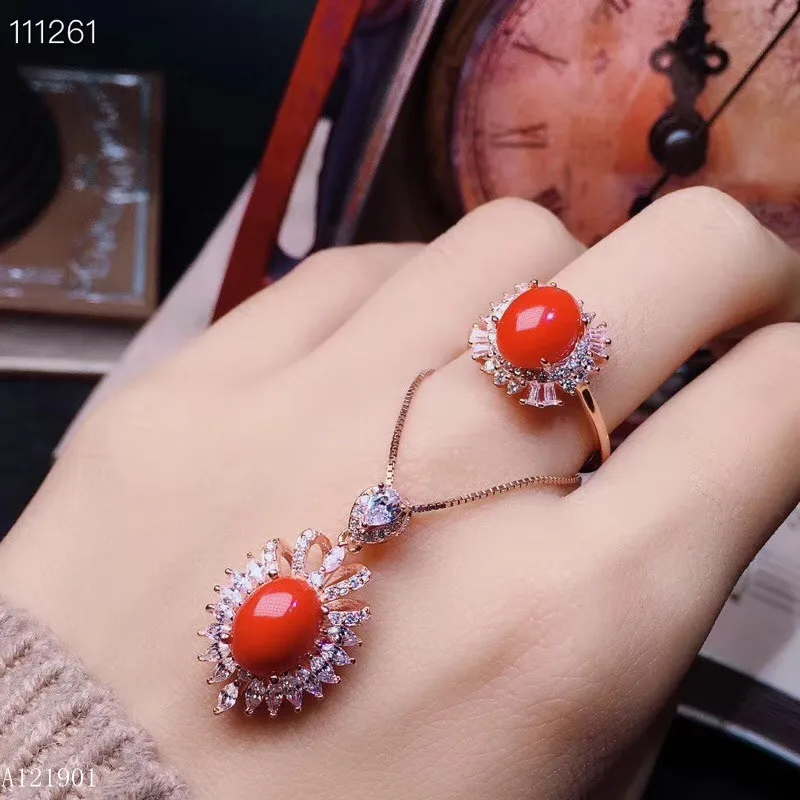 

KJJEAXCMY Exquisite Jewelry 925 Silver-inlaid Ruby Natural Red Coral Ladies Ring Necklace Pendant Set Support Detection