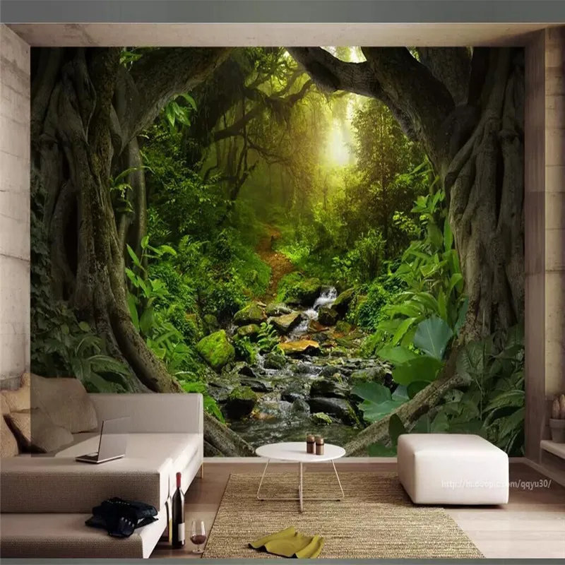 

Mysterious forest stream scenery 3d background wall specializing in the production of wallpaper murals custom home wall