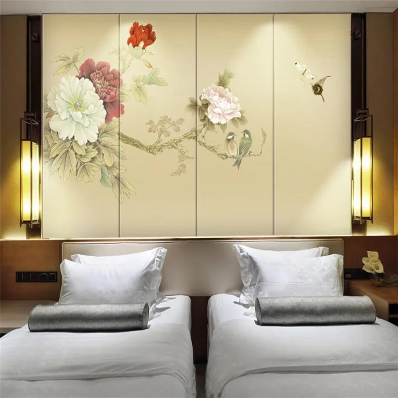 Custom wallpapers flowers and birds Chinese painting peony flowers rich background wall high-grade waterproof material