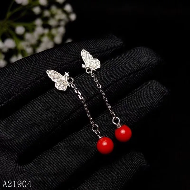 KJJEAXCMYY Boutique Jewelry 925 Sterling Silver Inlaid Natural Red Coral Female Earrings Earrings Ear Wire Support Detection