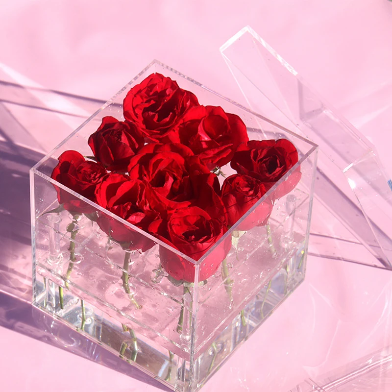 New Fashion Clear Acrylic Rose Flower Box Makeup Organizer Cosmetic Tools Holder Flower Gift Box For Girlfriend Wife With Cover