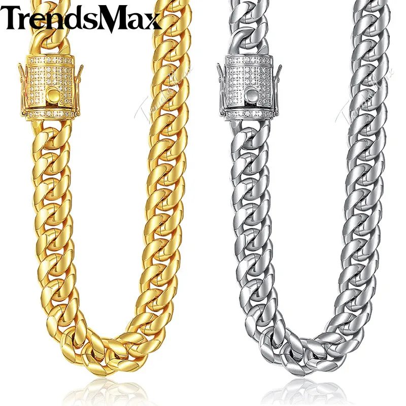 Trendsmax Miami Curb Mens Necklace Chain 316L Stainless Steel Cubic Zirconia CZ Gold Color Silver Color 12/14mm 30inch KHNM21