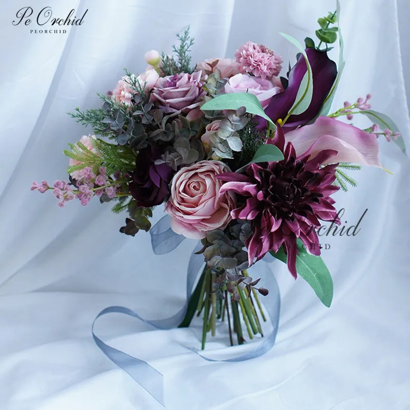 PEORCHID Gorgeous Country Wedding Bouquet Pink And Purple Colorful 2019 Luxury Roses Floral Bridal Bouquets Flowers For Bride