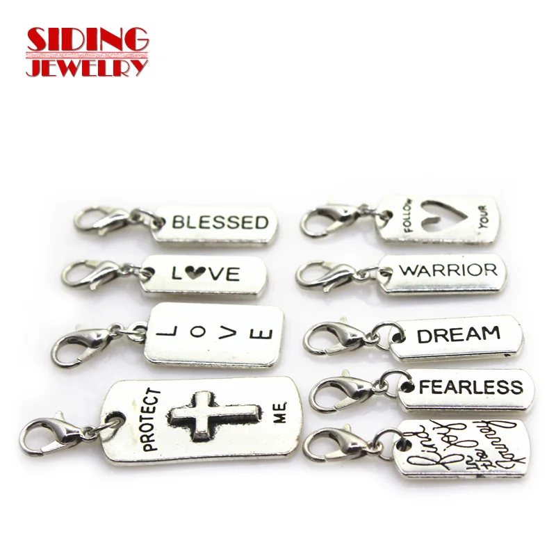 2018 New 100pcs/lot Mix Silver Hang Tag Dangle Charms Lobster Clasp DIY Bracelet Necklace Pendants Jewelry Hanging Charms