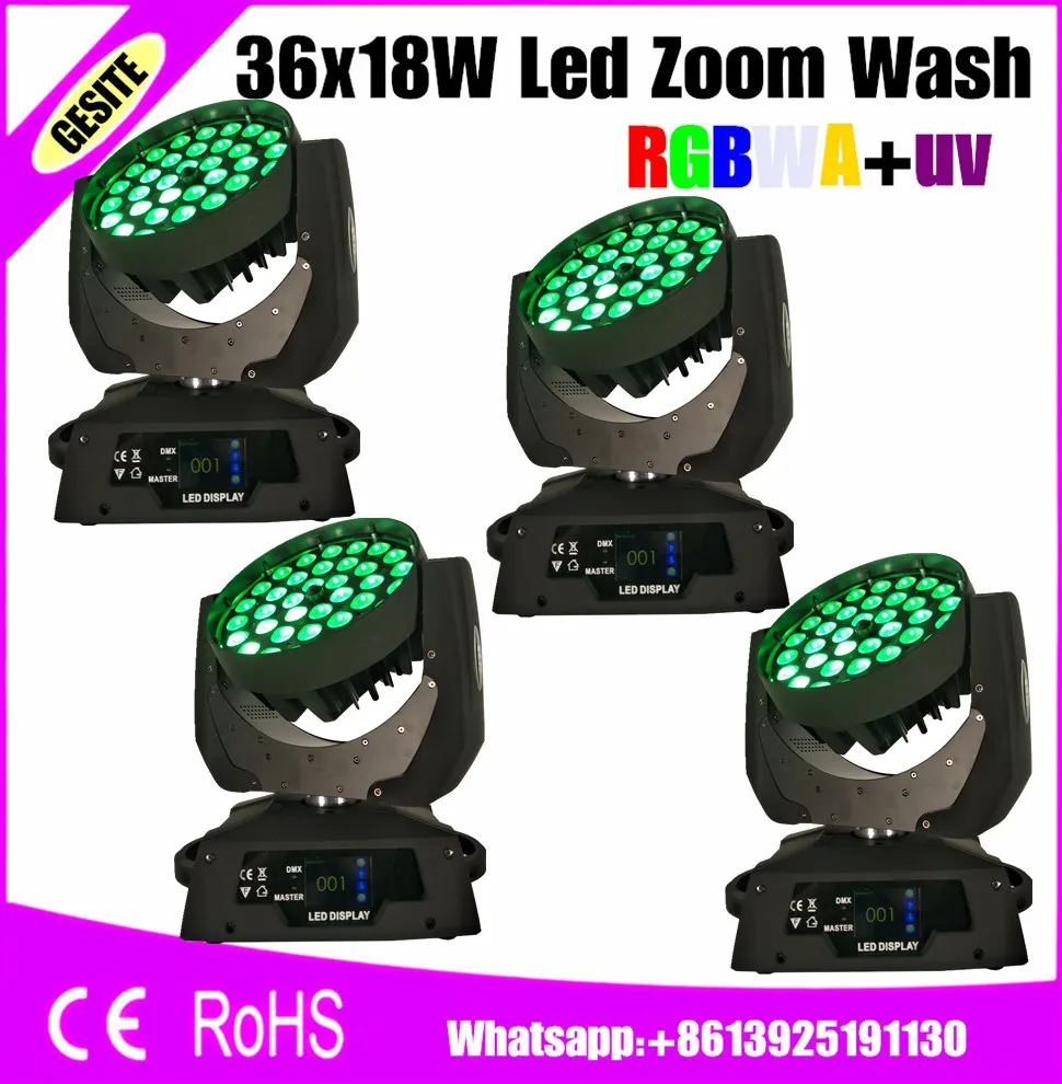 4pcs/lot RGBW 36pcs 18W 6 In 1 Moving Head Light Full Color Led Zoom Wash Beam