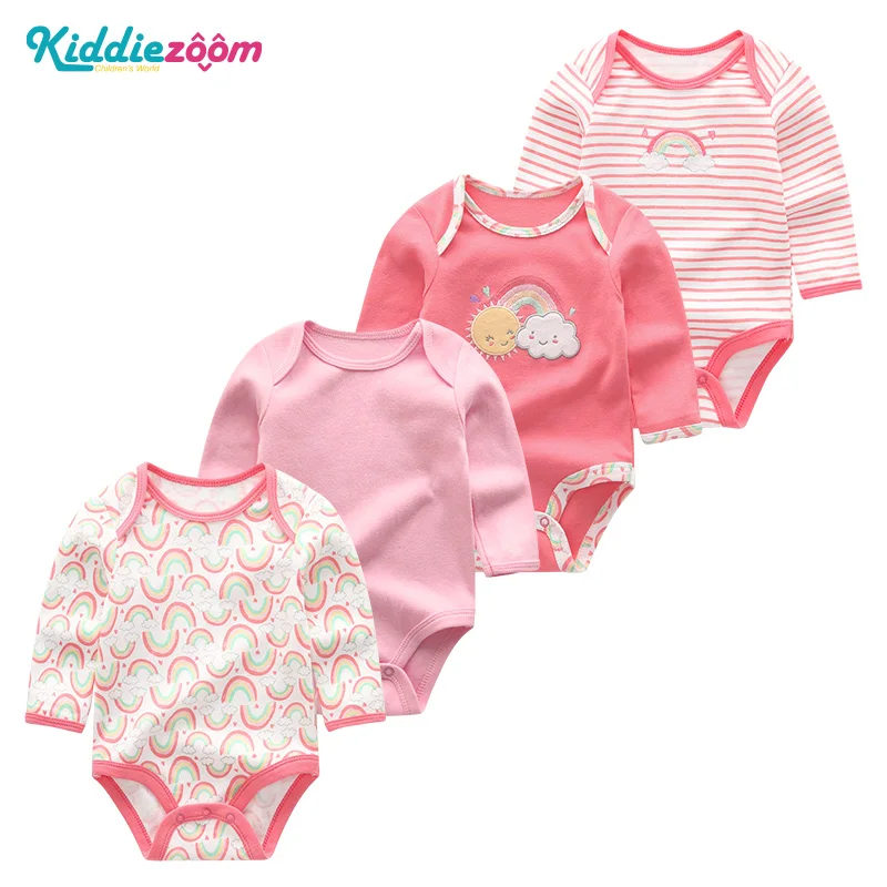 4Pieces Unisex Cotton Baby Girl Clothes New Born Long Sleeve Baby Boy Clothes Sets Print Anmial Bodysuit Solid Color Bebes