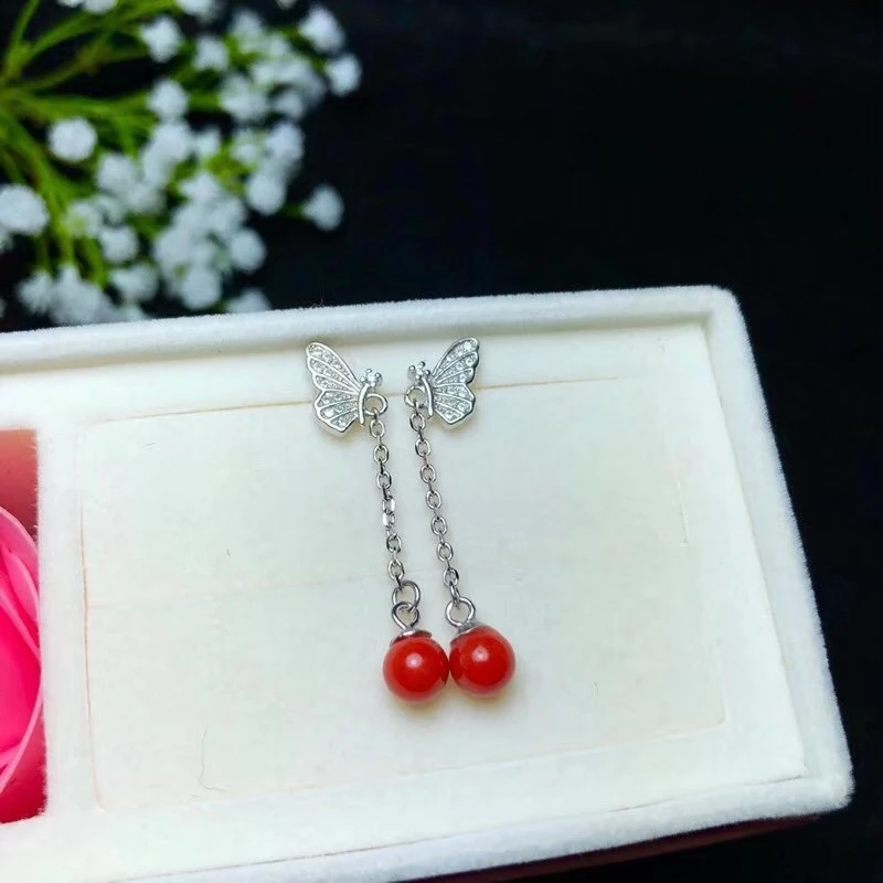 KJJEAXCMYY Boutique Jewelry 925 Sterling Silver Inlaid Natural Red Coral Female Earrings Earrings Ear Wire Support Detection