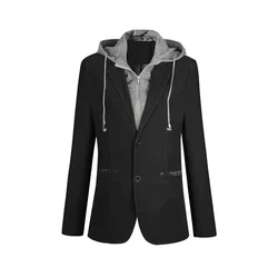 Plus Size M-6XL Casual Blazer Men Fake Two Pieces Detachable Hood Blazer Full Sleeve Single Breasted Two Buttons Suit FS-150