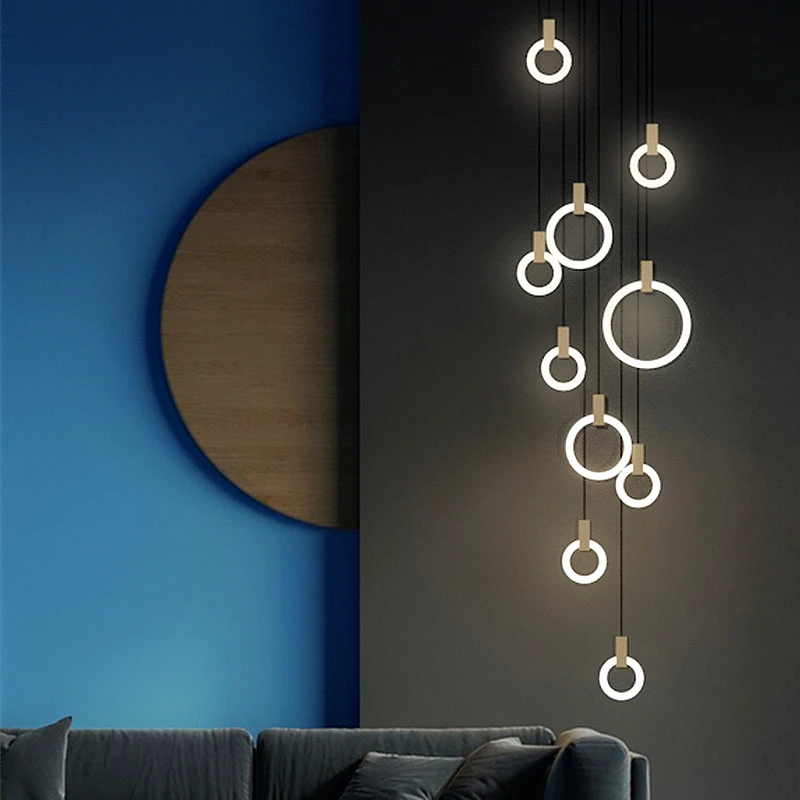 Modern LED chandelier Nordic living room ring hanging lights bedroom fixtures stair lighting home illumination long pendant lamp