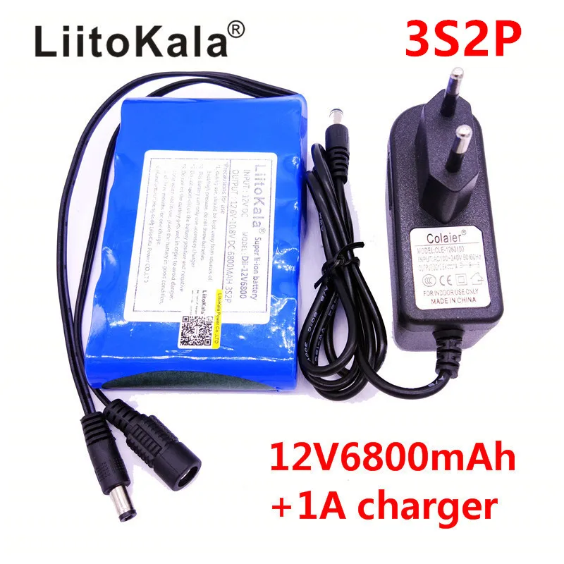 LiitoKala Portable Super 18650 Rechargeable Lithium Ion battery pack capacity DC 12 V 6800 Mah CCTV Cam Monitor 12.6V 1A Charger