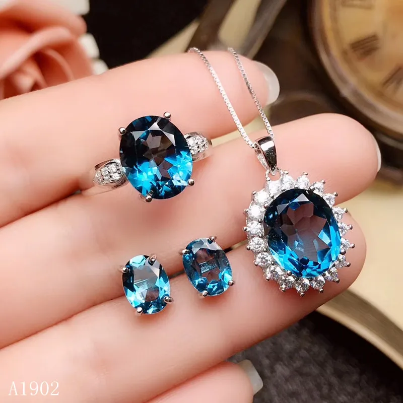 

KJJEAXCMY Boutique Jewels 925 Sterling Silver Inlaid Natural Gemstone Blue Topaz Ladies Ring Necklace Pendant Earrings Set Suppo