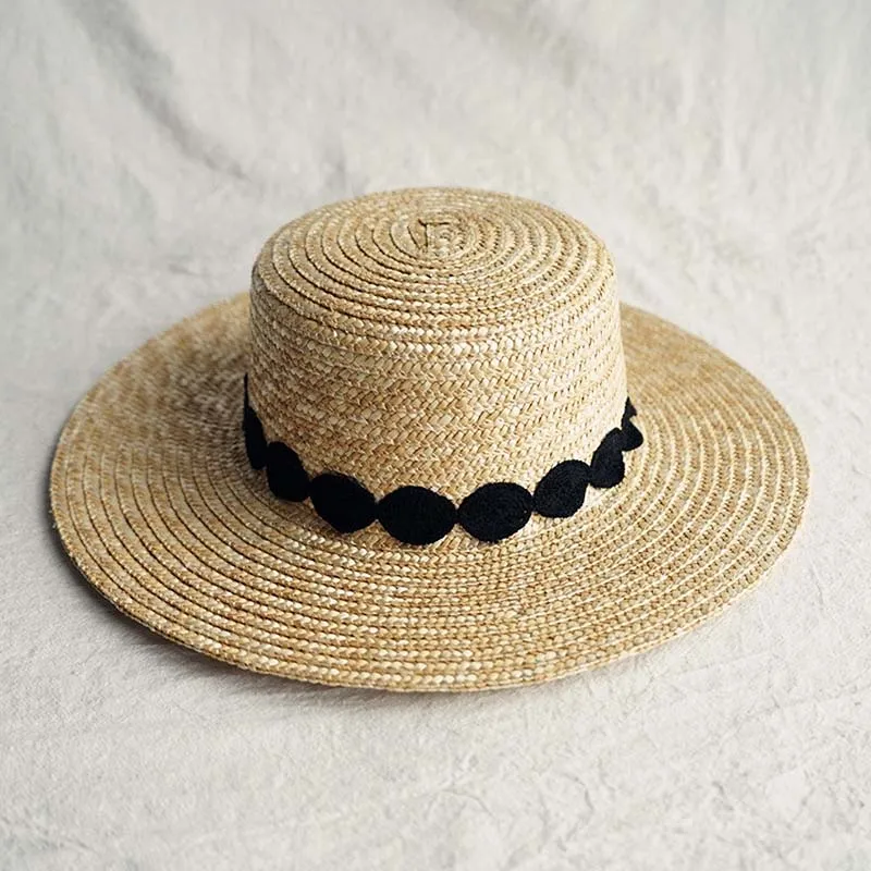 Sun Hat for Women Wide Brim Straw Boater Hat Elegant Black White Lace Flat Beach Hat Ladies Summer Cap for Vacation Church Derby