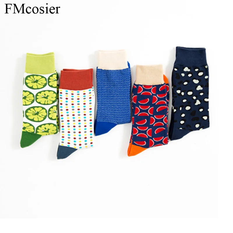 5 Pairs Happy Socks Men Printed men's socks for Male Plus size large 44 46 Lemon Watermelon meias chaussettes