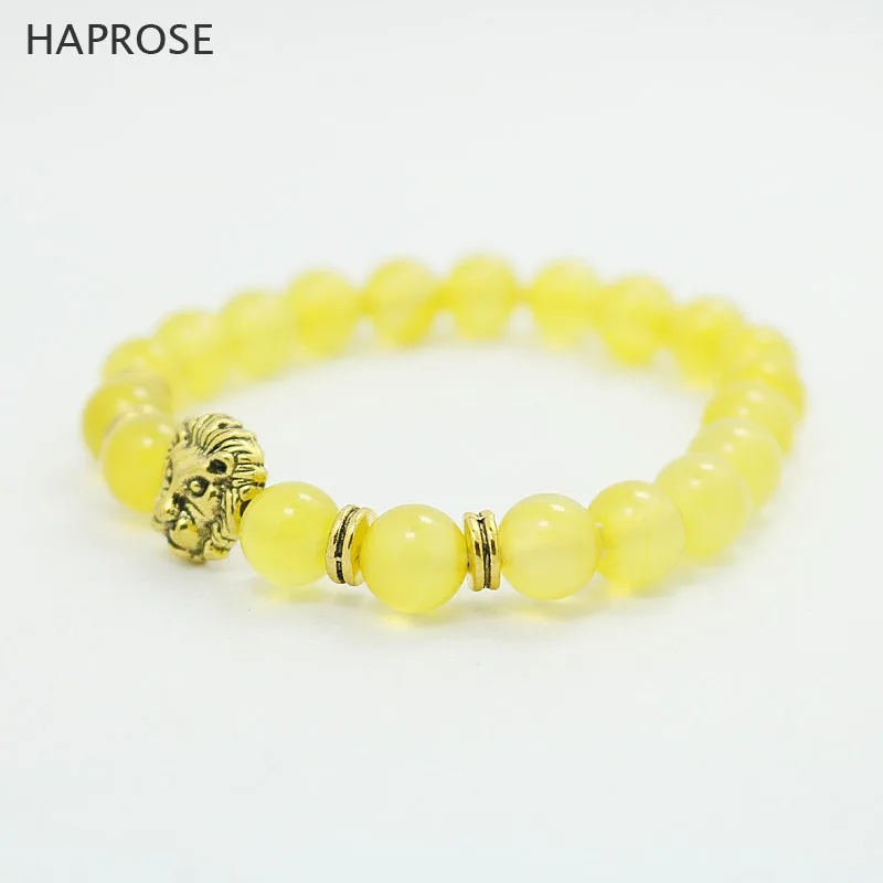 HAPROSE Agate bracelet Natural Yellow black Agates  Beads 8mm Creative Jewellery Bracelet Gem Lion head bracelet Free shipping