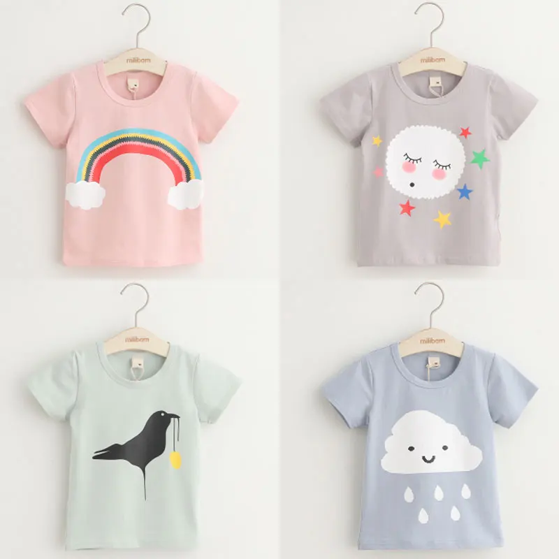 2024 Summer 2 3 4 6 8 10 Years Children Cotton Cartoon Star Bird Cat Rabbit Animal Print Short-Sleeve T-Shirt For Kids Baby Girl