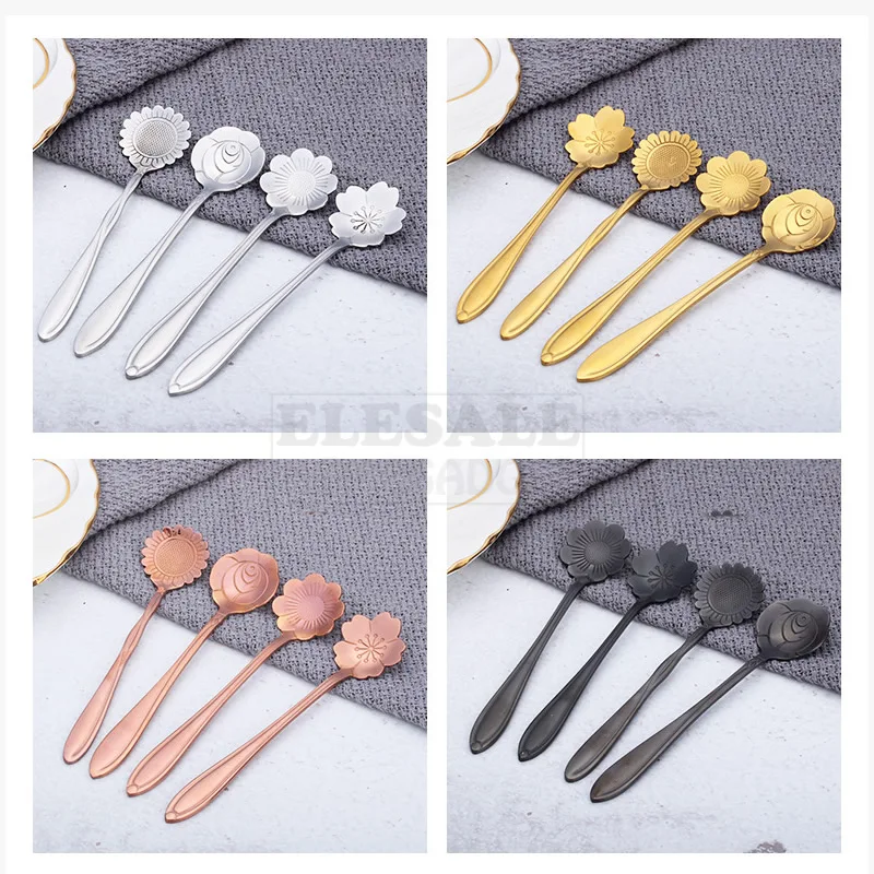 4pcs/1-Set Color Flower Style Coffee Tea Spoon Stainless Steel Dessert Spoon For Home Kitchen Bar Coffee Dessert Shop