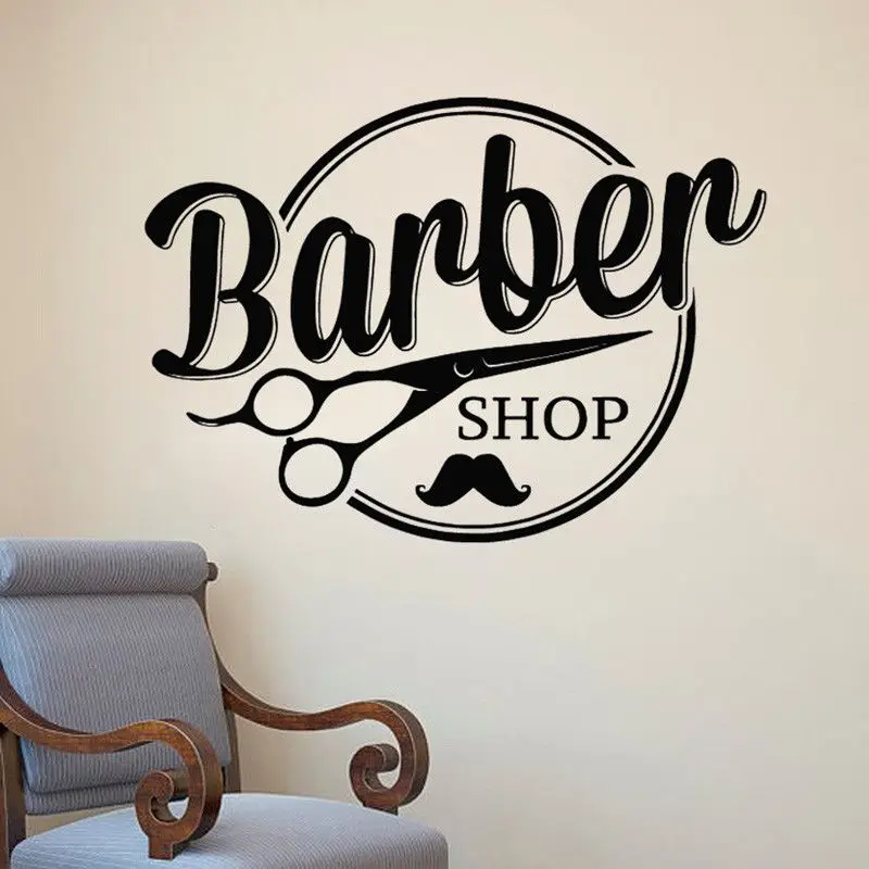 Tijera de pared extraíble para salón de belleza, calcomanía para ventana, barbería, diseño de bigote, Mural de arte de pared AY05