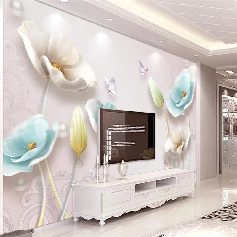 

3D three-dimensional embossed jewelry tulips European TV background wall painting professional production wallpaper mural custom