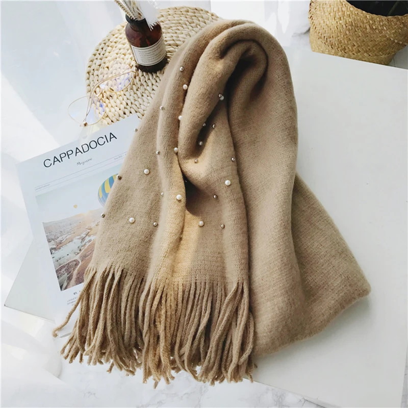 Luna&Dolphin Women Winter Scaves Warm Knitted White Pearl Nail Bead Soft Scarves Tassel Woolen Big Tippet Pashmina Blanket Shawl